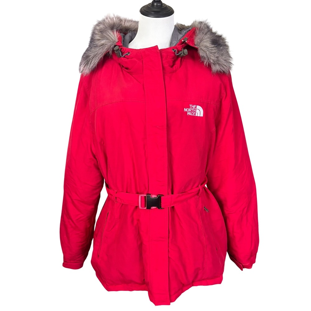The North Face VTG y2k 800 Fill Down Snorkel Parka Sz XL?Red Faux Fur Belt